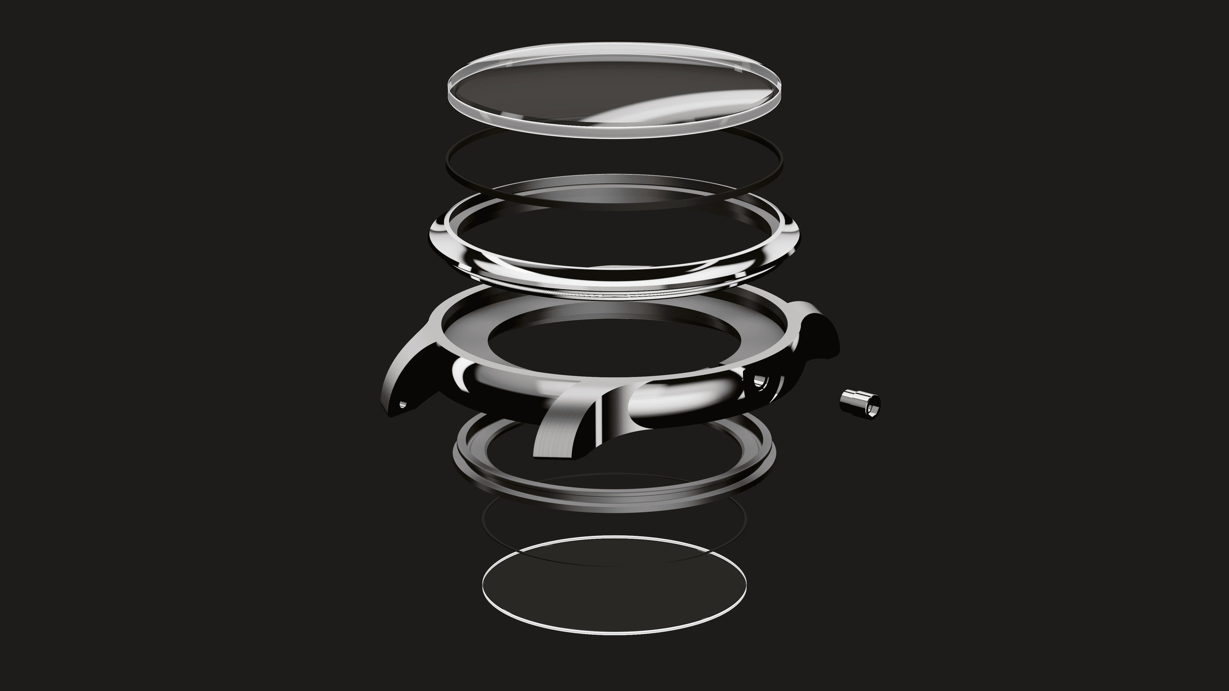 Exploded view of a watch case designed by CLD Design: crystal, gaskets, bezel, case middle, crown tube, caseback and its crystal